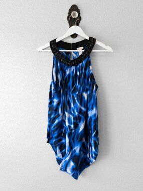 Cache Silk Blend Beaded Top Blue Black White Asymmetrical Hem XL Evening